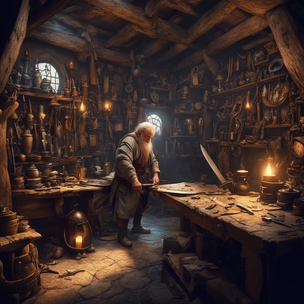 old man knife maker workshop cluttered a fantasy room filled with swords and armor in a hobbit house in the underworld d