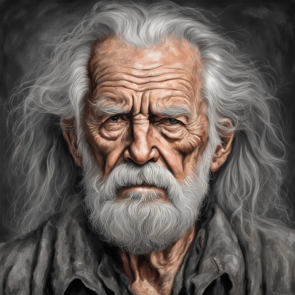 old man wrinkle bearded rugged Grey long hair tired realism portrait deep eyes