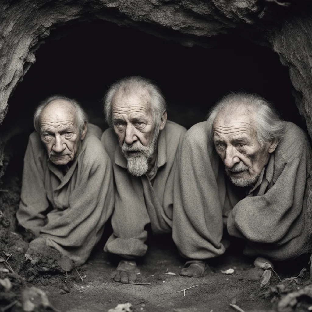 old men with bulbous noses hiding in a crawlspace grotty crying hyper realism old photo 1977 —h 2000 —w 1000