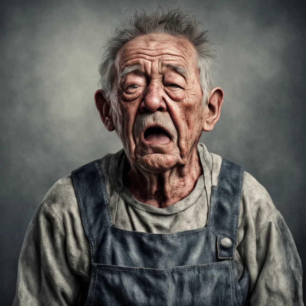old potato faced man wearing overalls grotty crying grungy high definition photo real hyper realism h 2000 w 1000