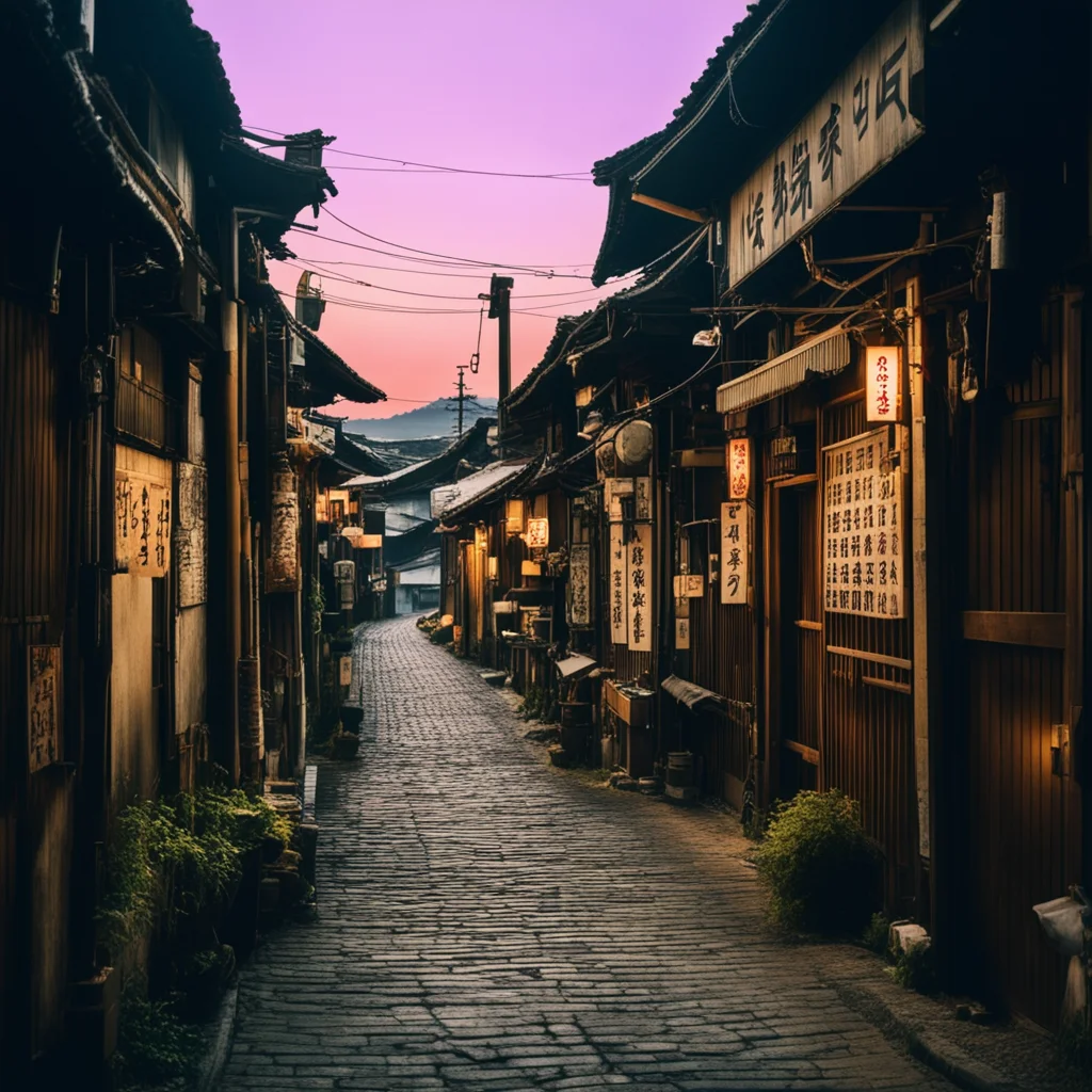 old rural alley in Japan lit shop signs dramatic cinematic photography wide camera sunset intricate details ar 23