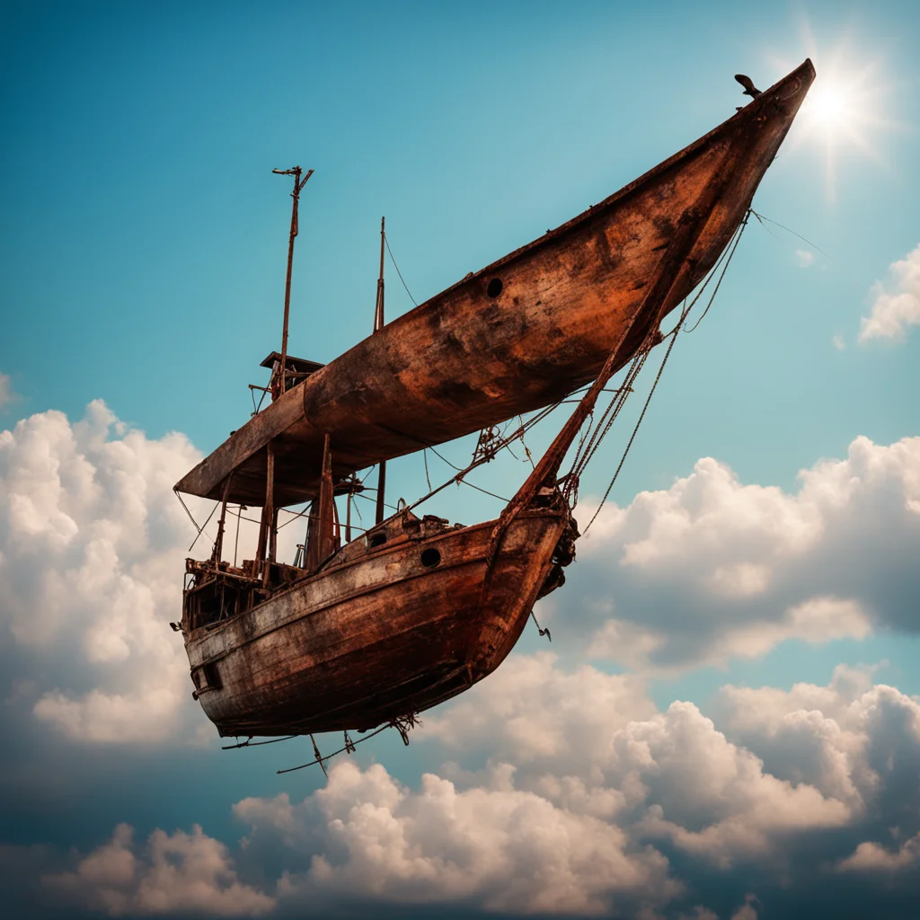 old rusty fishing boat flying in the sky style simon stalenhug