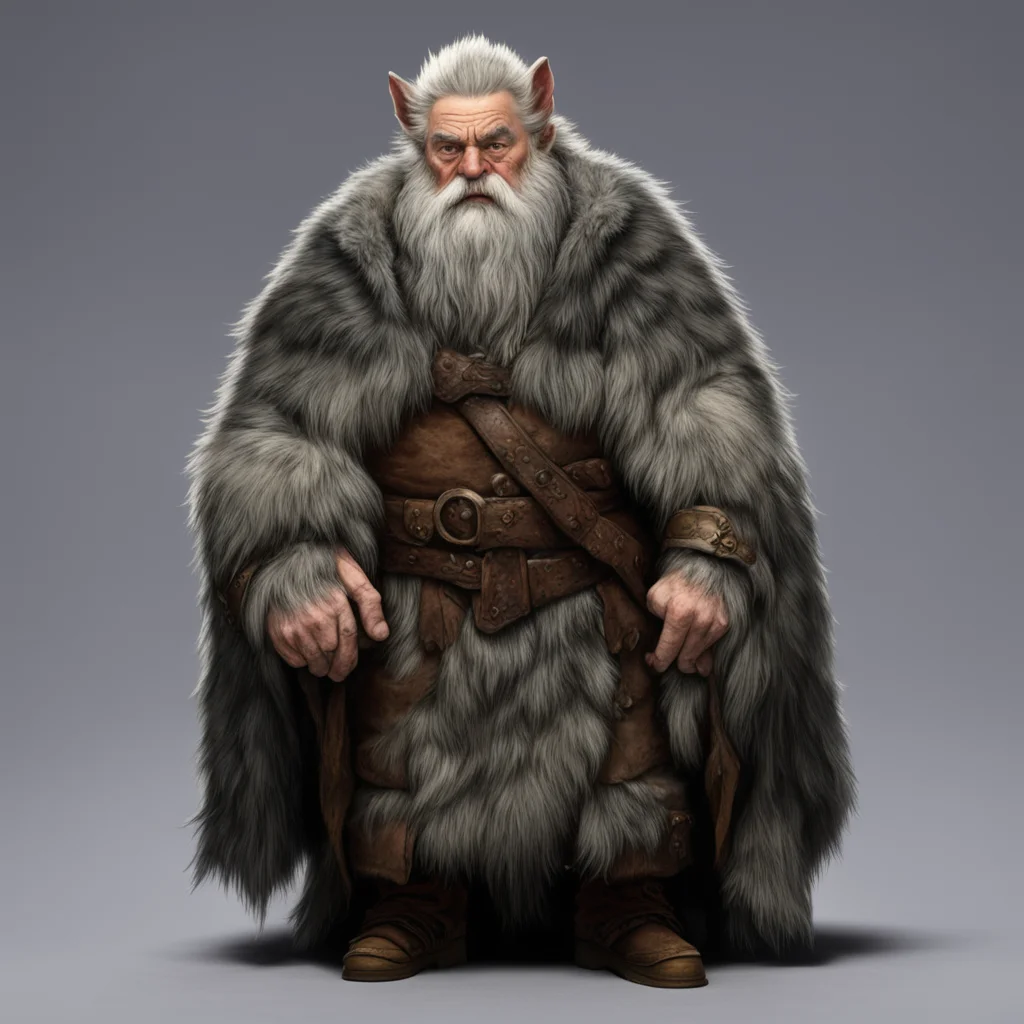 old scowling dwarf wearing wolf pelt cloak