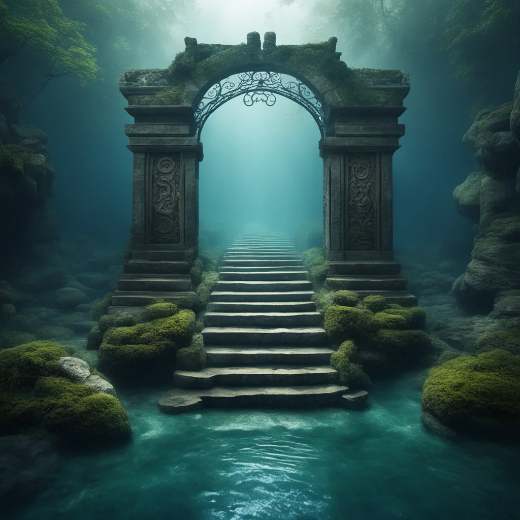 old stone steps that wind all the way down a mist covered water throught an ancient chinese style gate to the underwater