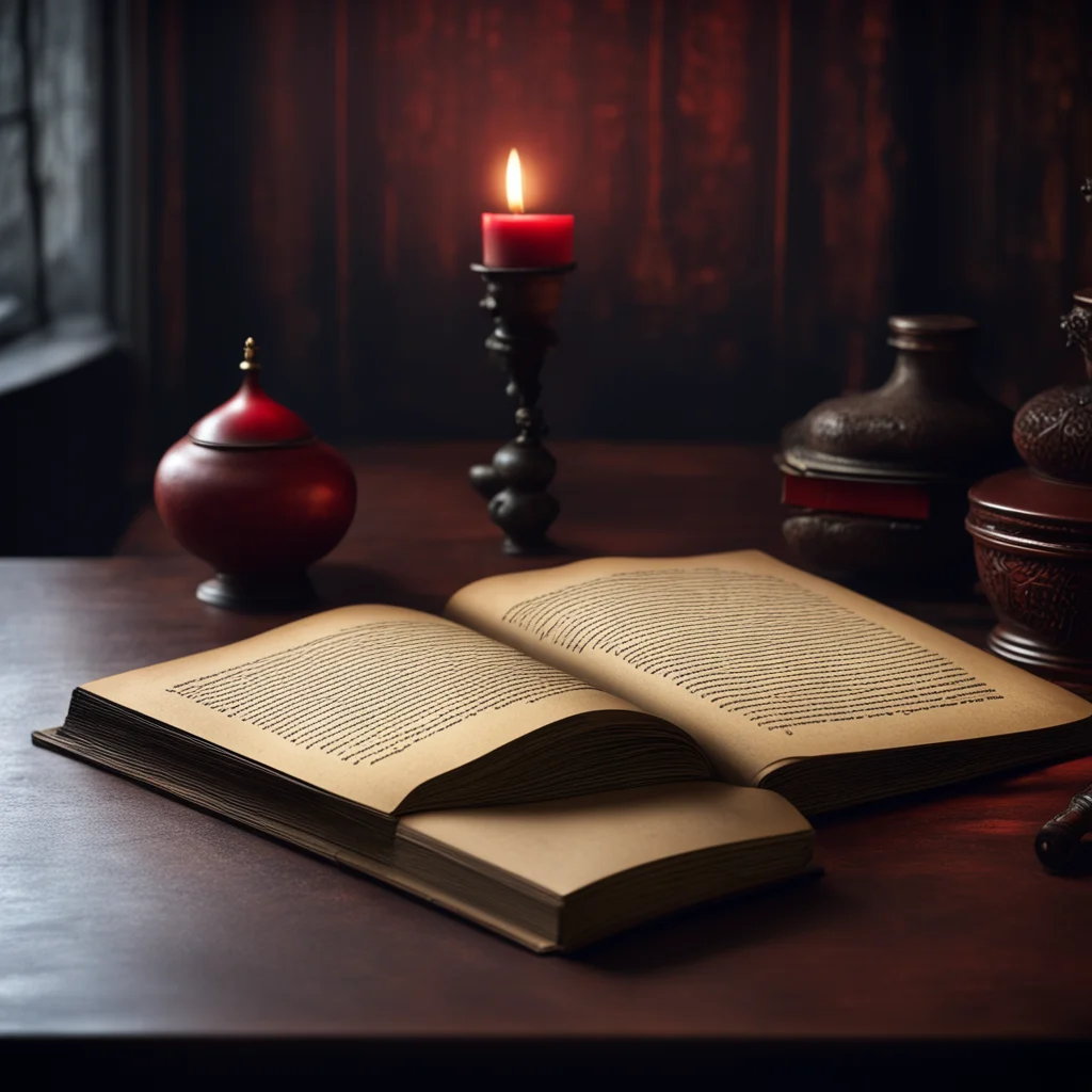 old table antique leather book intricate conlang writing system4 dimly moody lighting matte black red leather layer on t