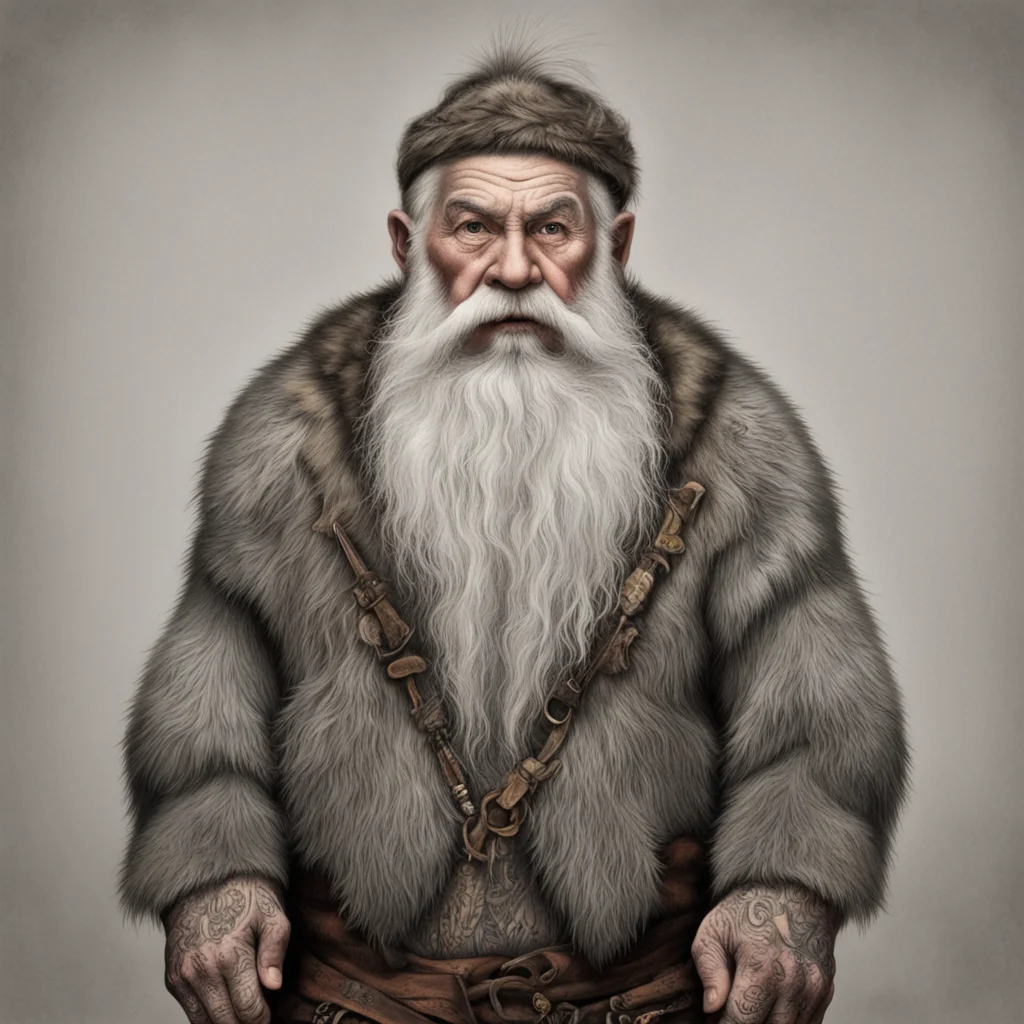 old tattooed whitebearded dwarf wearing wolf pelt