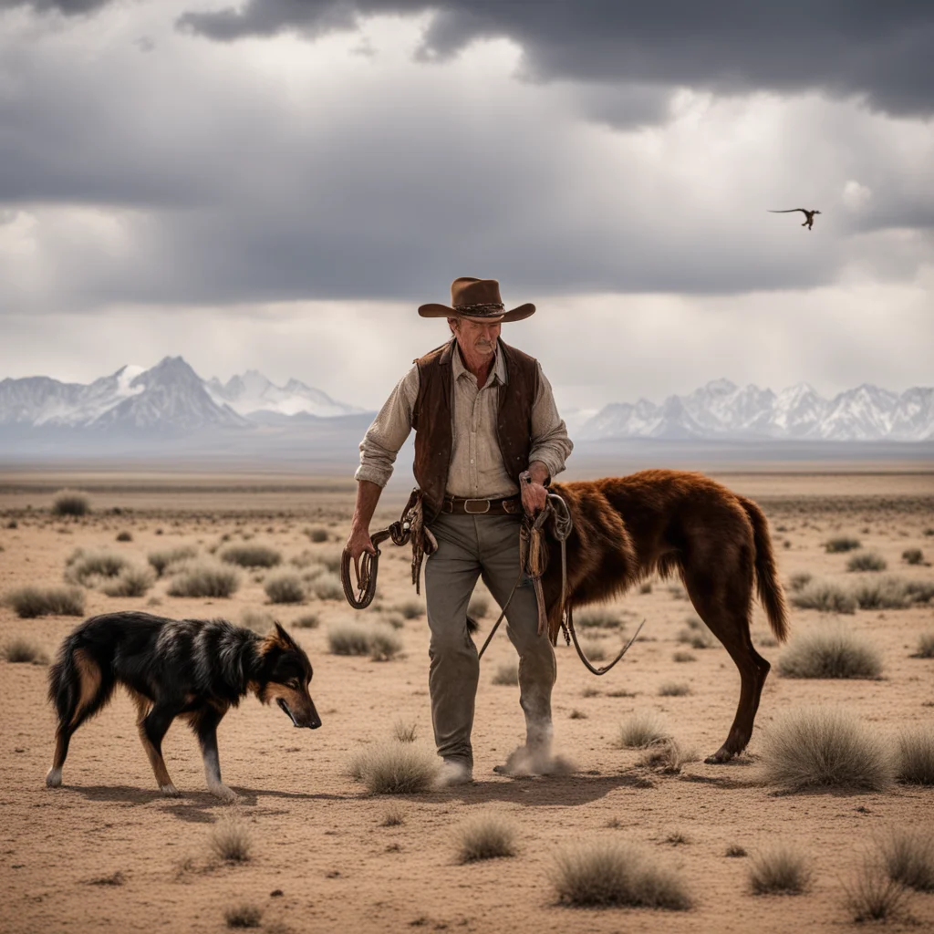 old western cowboy forging a horseshoe on a vast rangeland with herding dog