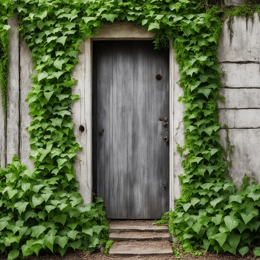 old white wooden door in complete plant overgrowth ivy abandoned wall —aspect 169