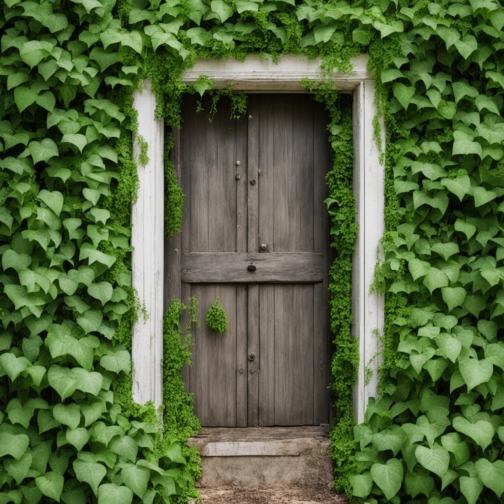old white wooden door in complete plant overgrowth ivy covered abandoned —aspect 169