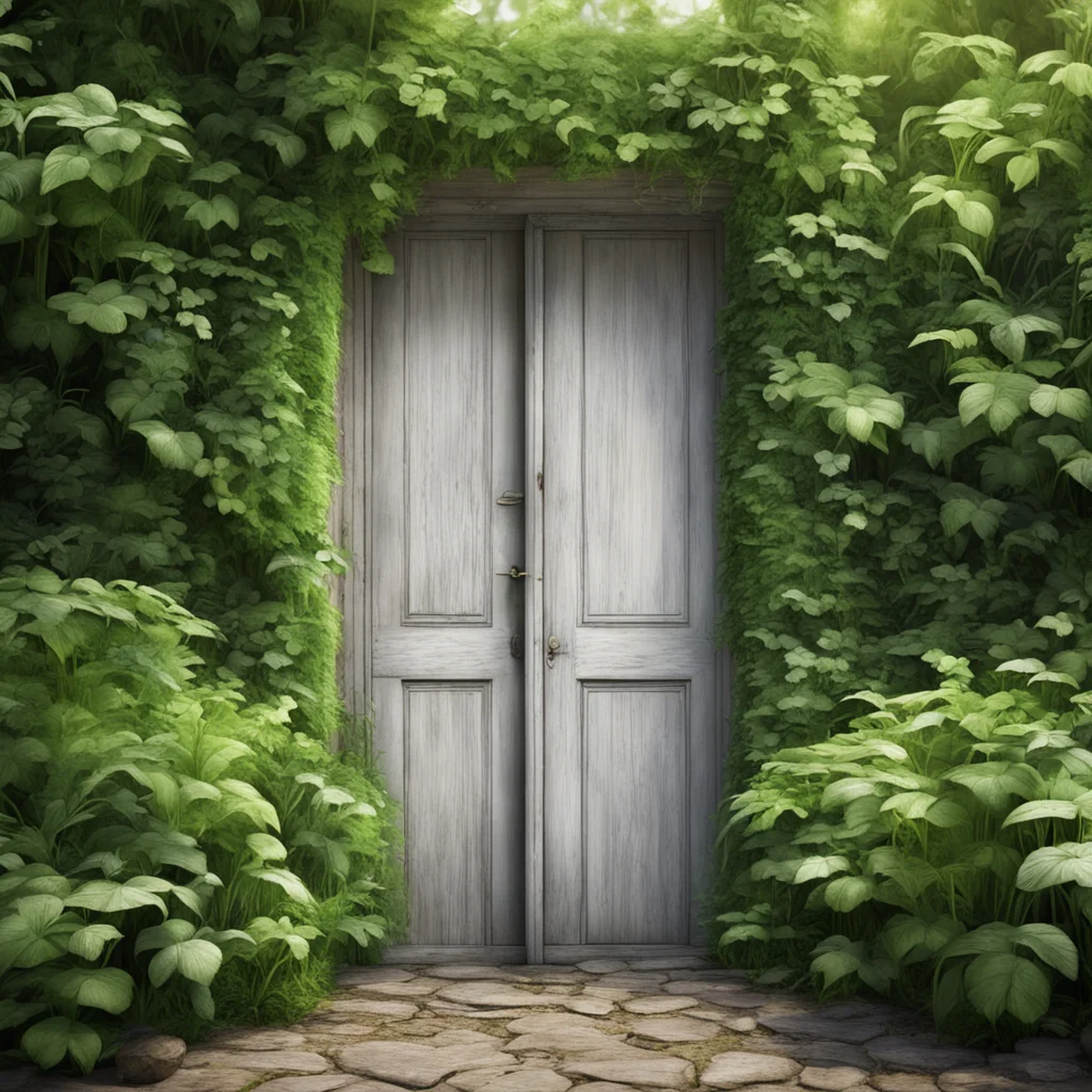 old white wooden door to an overgrown secret garden 24MM Lens unreal engine 6k hyper realistic photorealistic volumetric