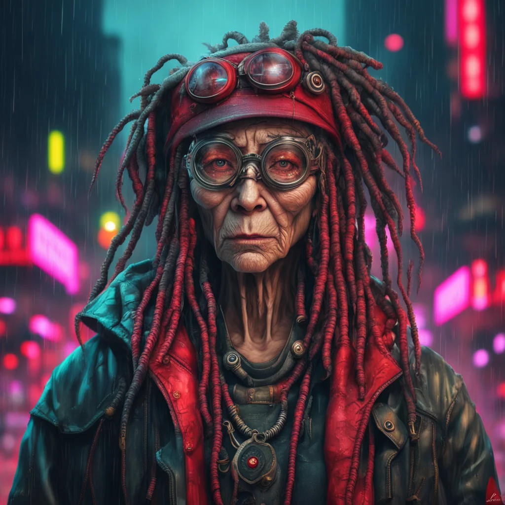 old woman with dreads goggles red baseball hat mechanic dreadlocks eye implants ultra detailed realistic concept art ste