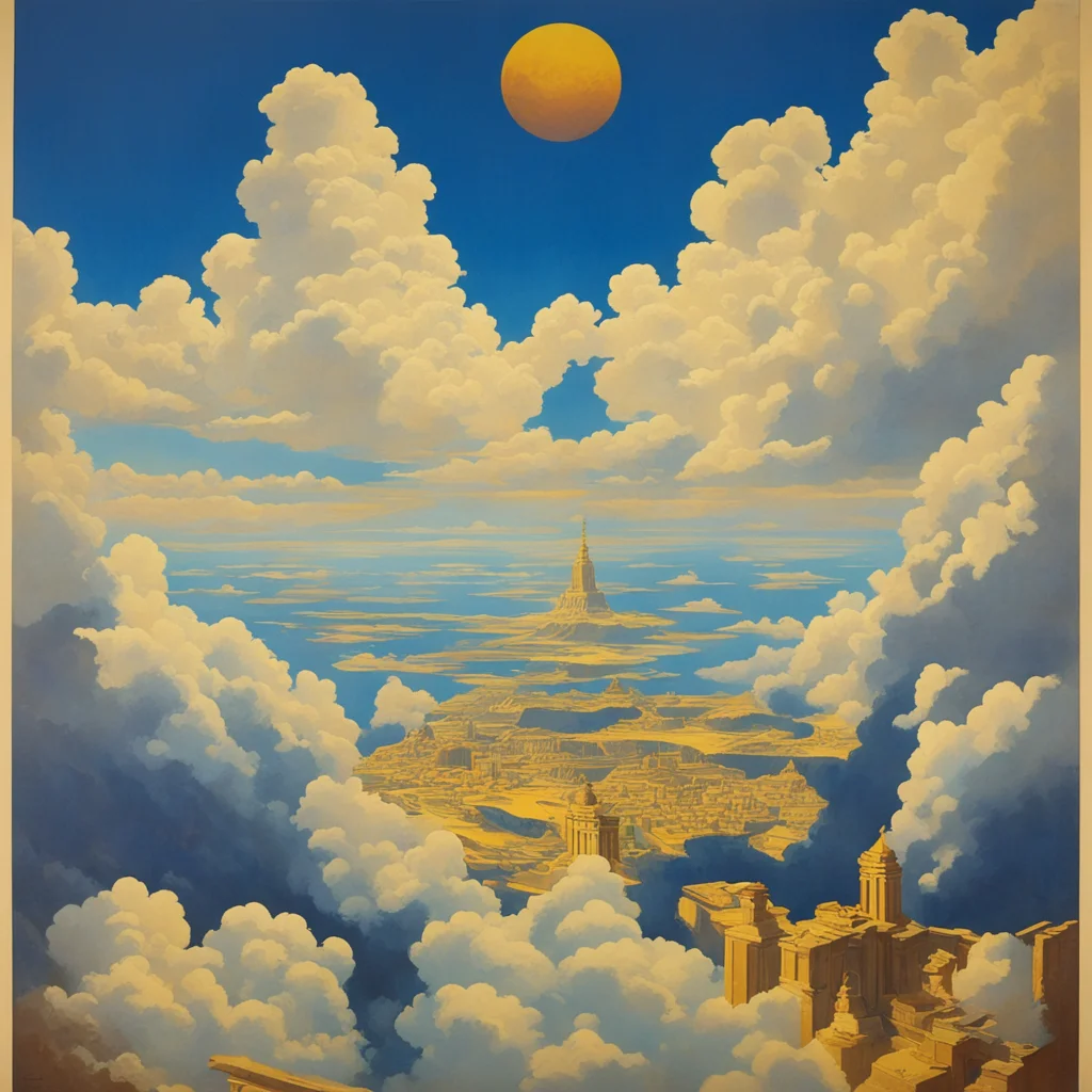 olympus golden city in the clouds tourism poster pulp art epic circa 1970 ar 1117