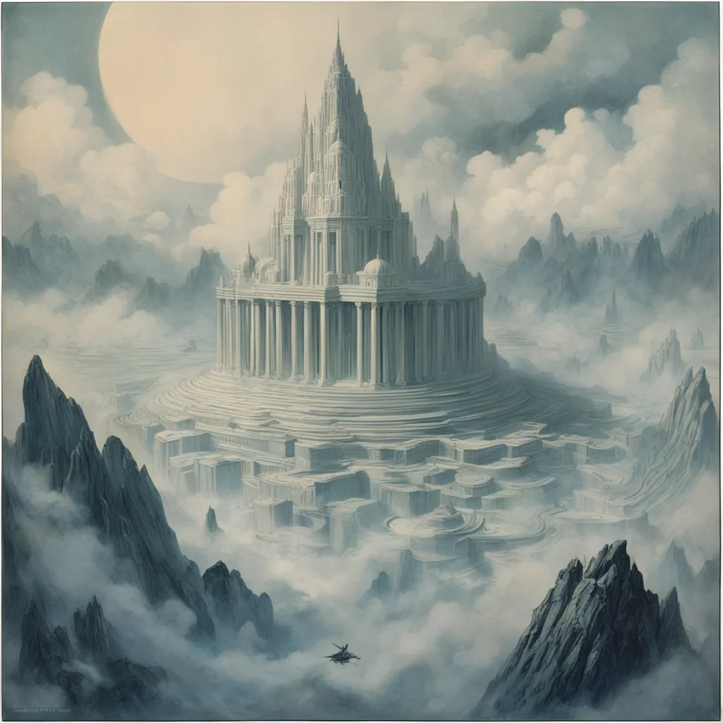 olympus marble floating city foggy pale epic pulp art fantasy magazine circa 1968 ar 1117