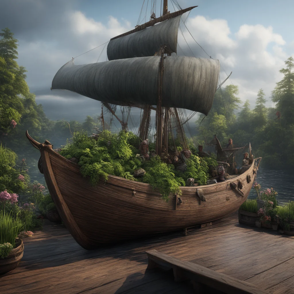 on the deck 0f a viking ship cinematic painting detailed realistic plants unreal engine The Revenant Megascans dark byJo