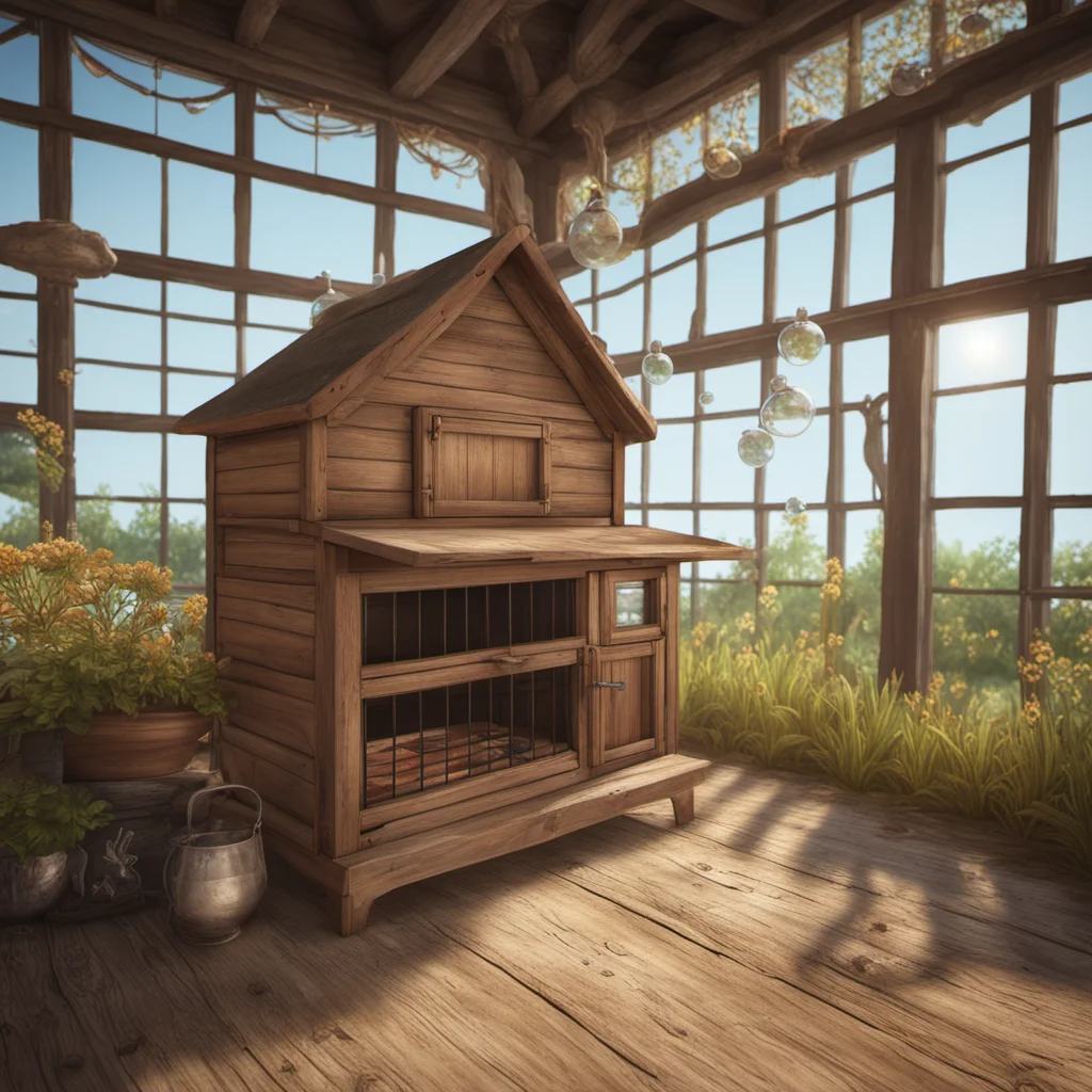 one wooden Rabbit Hutch in rustic farm by hyperdetail15 bubbles3 islands in the sky3 aquarium scene3 lights3 One Melbourne Tram5 hyperealistic maxi