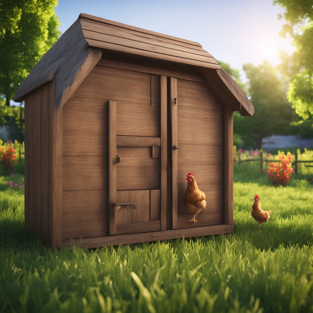 one wooden chicken Hutch in rustic farm by hyperdetail15 garden3 hyperealistic maximum detail wide angle cinematic light