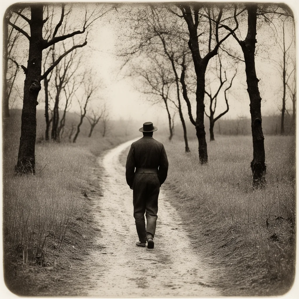 onely man in a rural path with trees wet collodion 1890