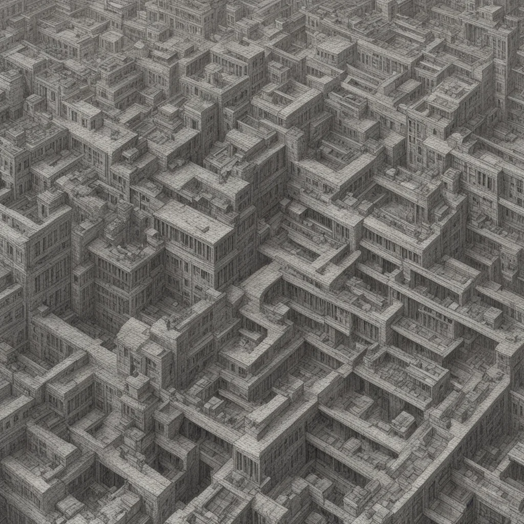 optical illusion architecture  Soviet brutalism  MC Escher  dense crowded city  highly detailed environment  Ghibli Matt