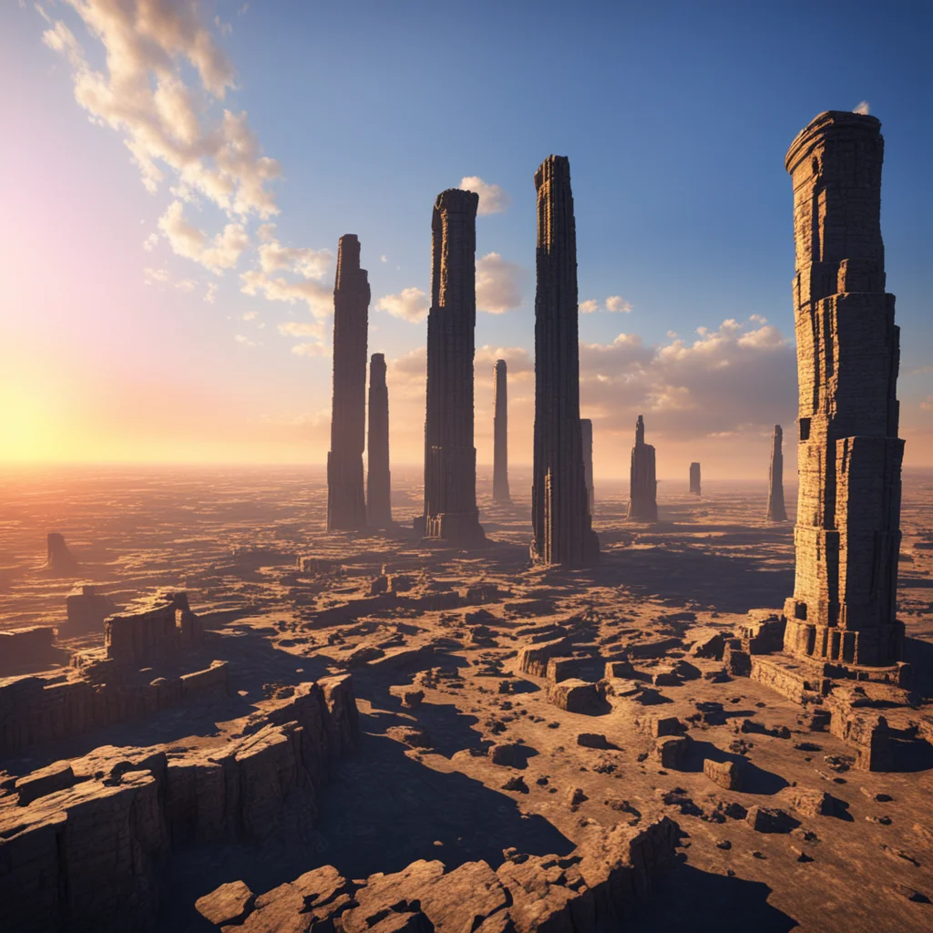orbit perspective of apocalyptic ancient city downward perspective vibrant cinematic megalithic pillars epic vast horizo