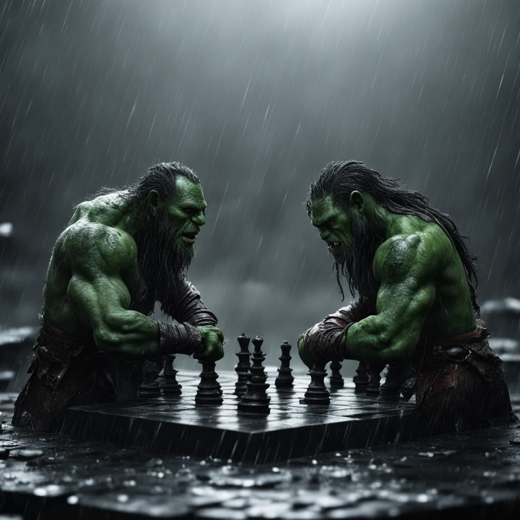 orc chess board fighting in the rain 4k darkness war