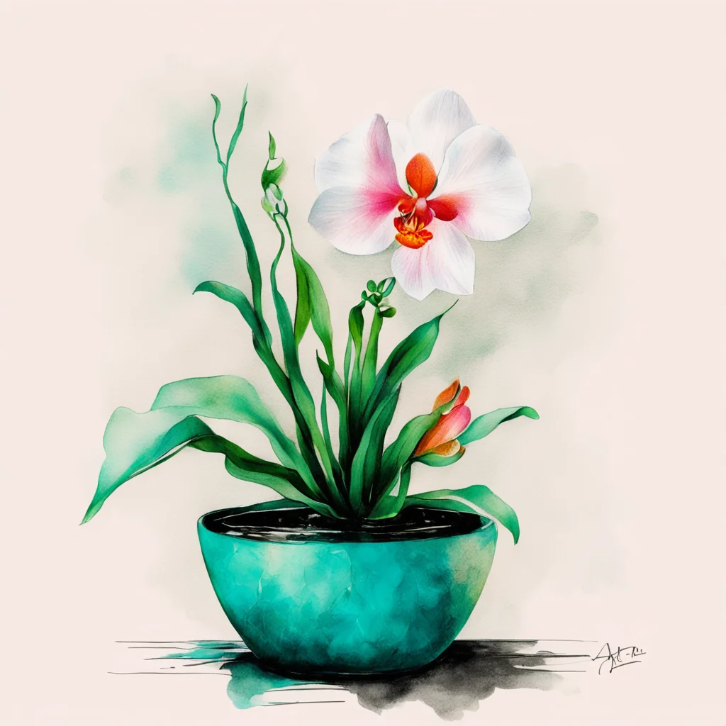 orchid plant in pot  185764  ink art style Calligraphy  orange teal white  maximum detail  ar 23 uplight