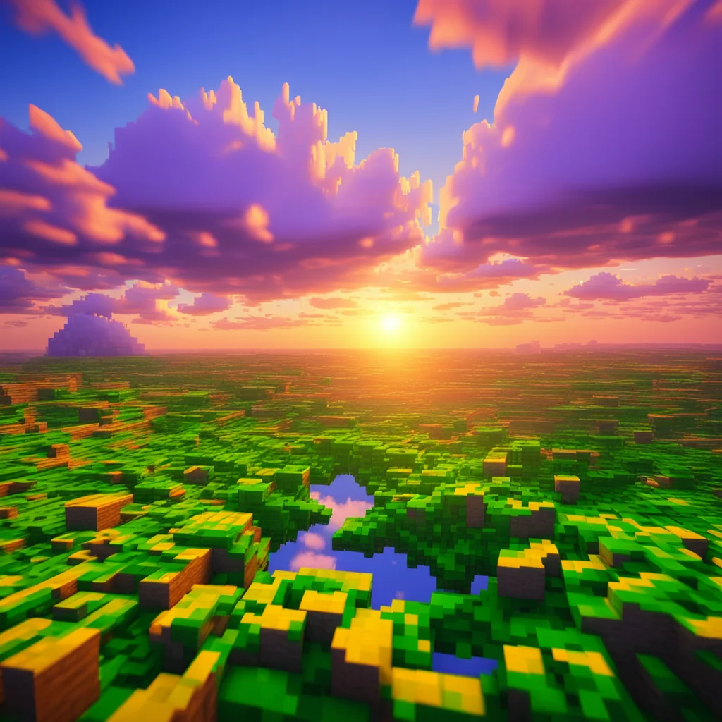 organic and realistic Minecraft landscape with cubic clouds at sunset