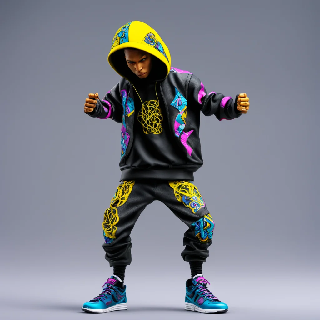 ornate action figure of a hip hop break dancer cute fractal designs techno wear wearing a hoodie robotic high details ph