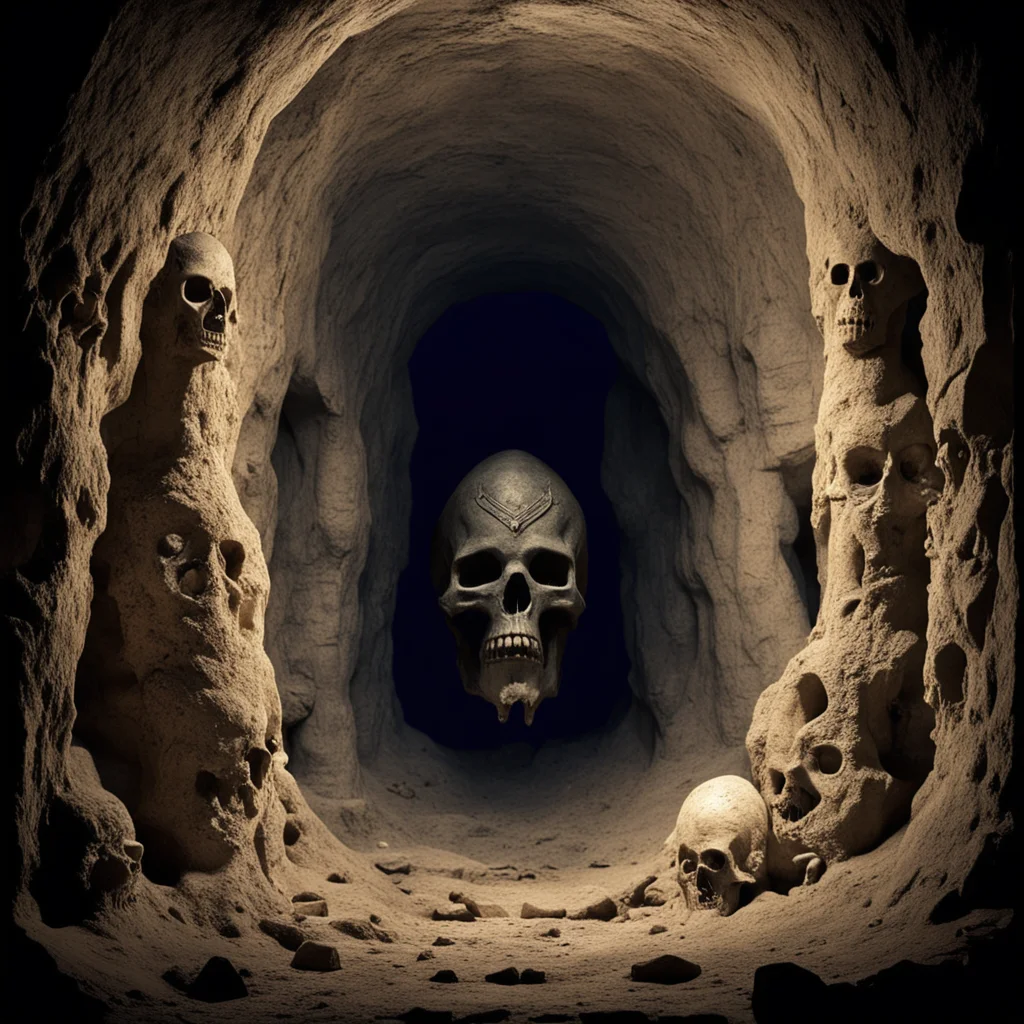 ornate cave Anunnaki temple skulls molded into walls ancient technology torchlight mysterious spooky scary aspect 916