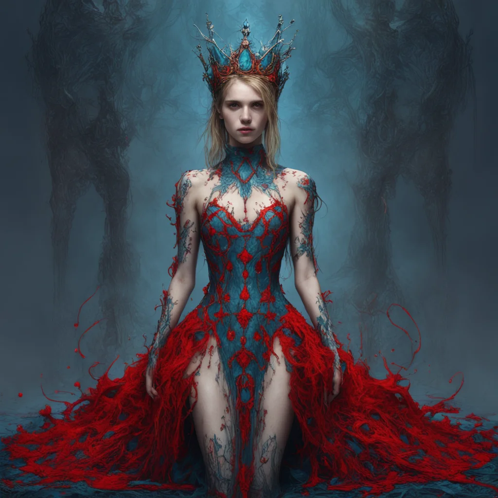 ornate fleshed young emma roberts wearing iron crown full body pose standing revealing dress red thread blue tears red s