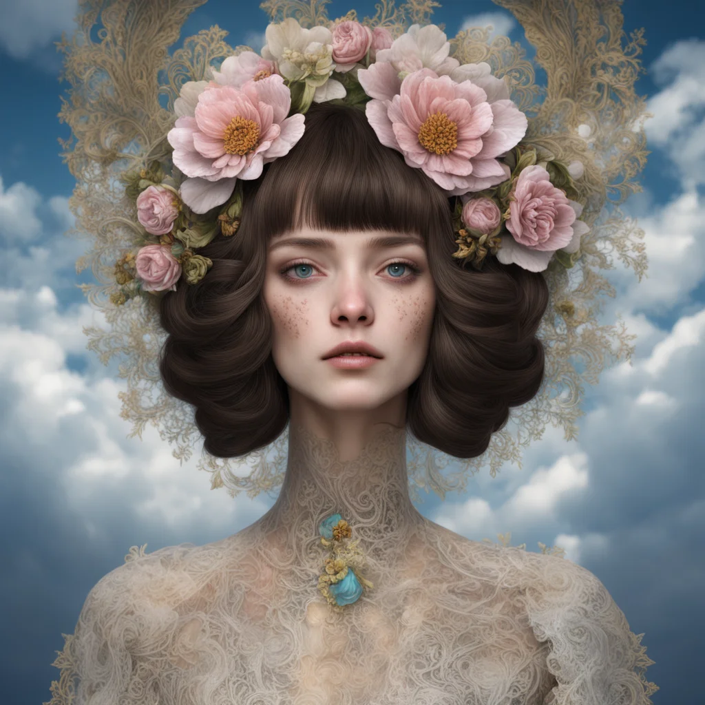 ornate intricate young beautiful woman Anna Karina fractal patterns intricate lace ethereal phantasmagoric flowers on fa