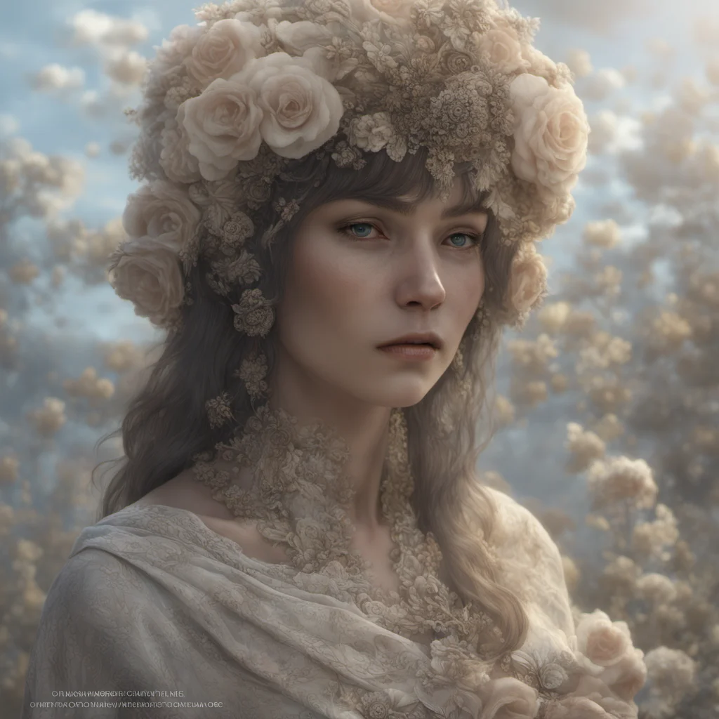 ornate intricate young beautiful woman Anna Karina fractal patterns intricate lace ethereal phantasmagoric flowers on face and hair flowing hair mar