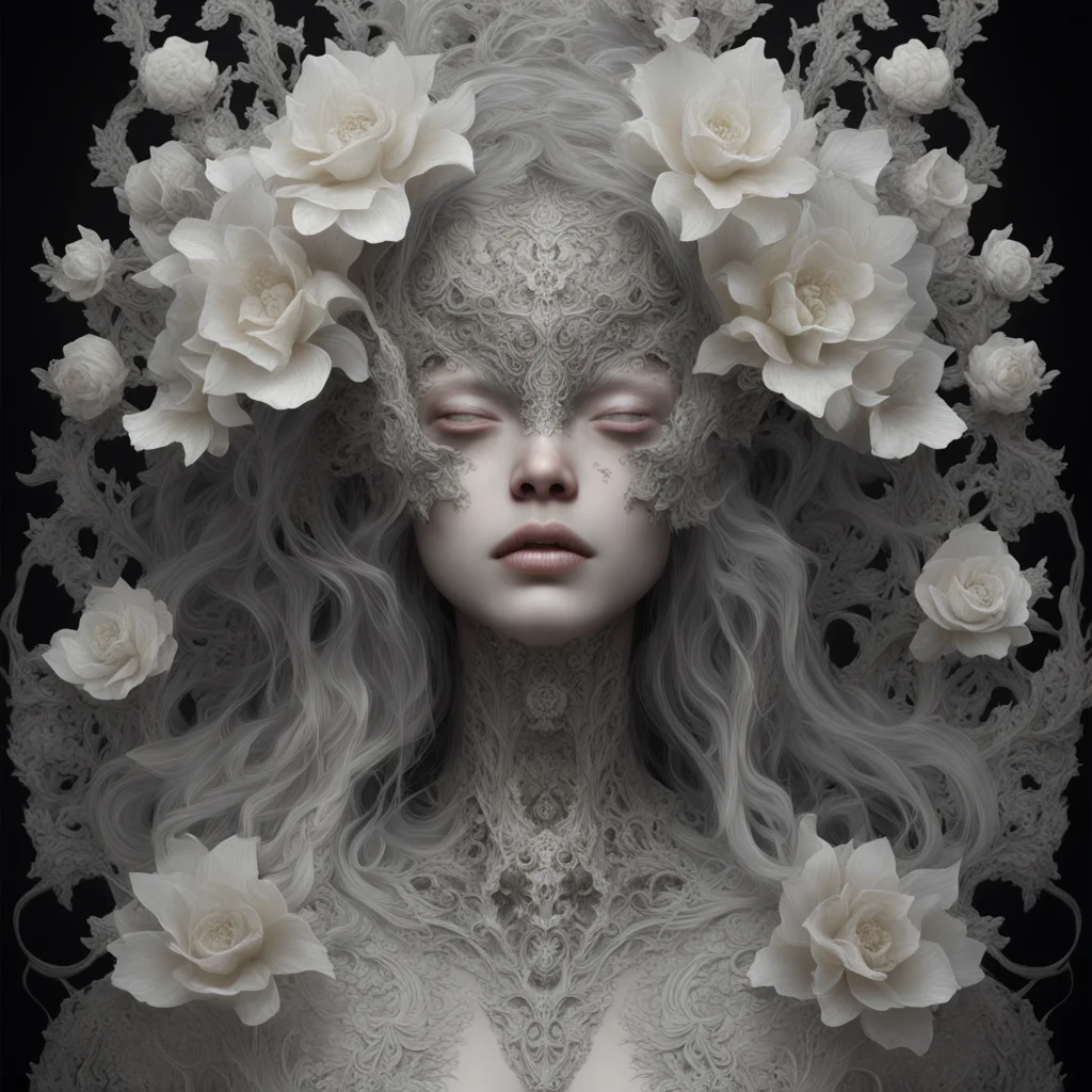ornate intricate young beautiful woman fractal patterns ethereal flowers covering eyes flowing hair cinematic by Tsutomu