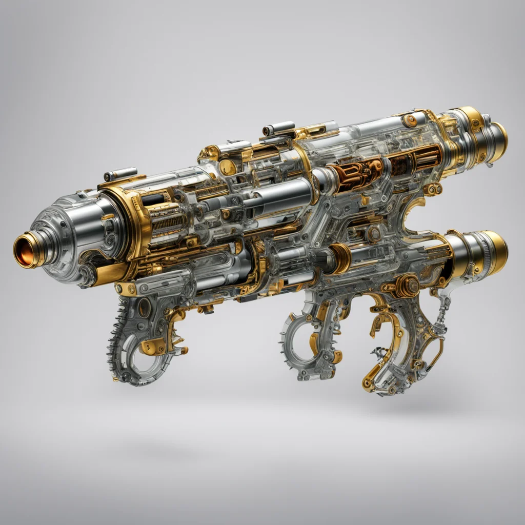 ornate retro ray guns sci fi crustacean fractalfuturistic mixed with modern military weapons cyber photo realistic metal