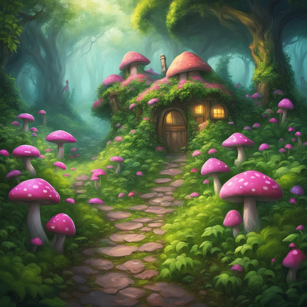 overgrown path with magic mushrooms leading to house epic fantasy landscape ue5 painterly ar 920