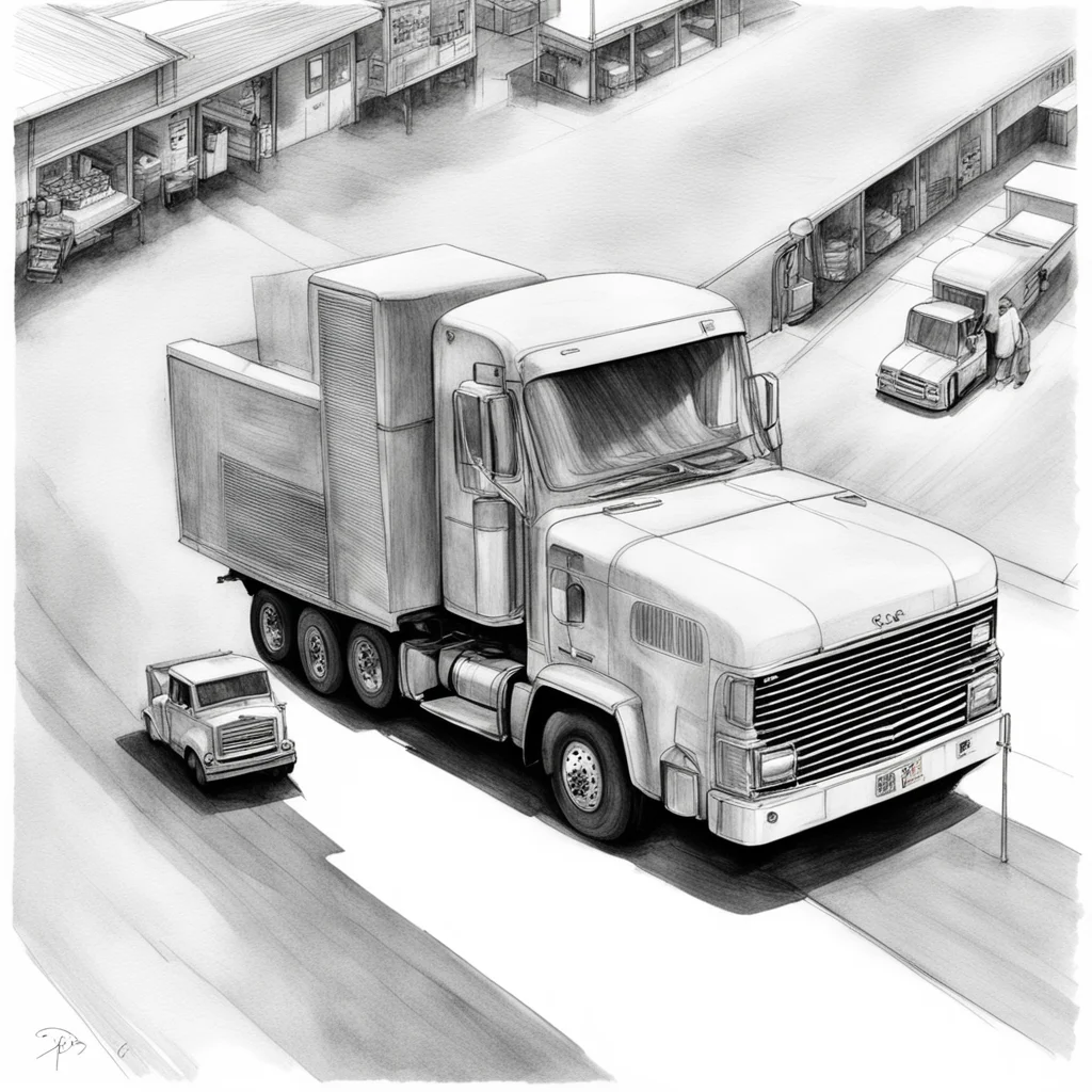 overhead shot of big rig truck pulling in to service station black and white pen drawing illustration