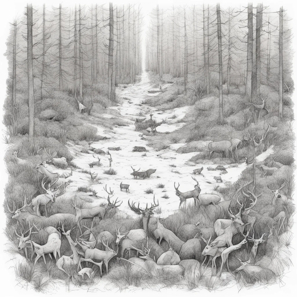 overhead shot of forest clearing filled with dozens of dead deer pen and ink drawing white paper sketch messy no people