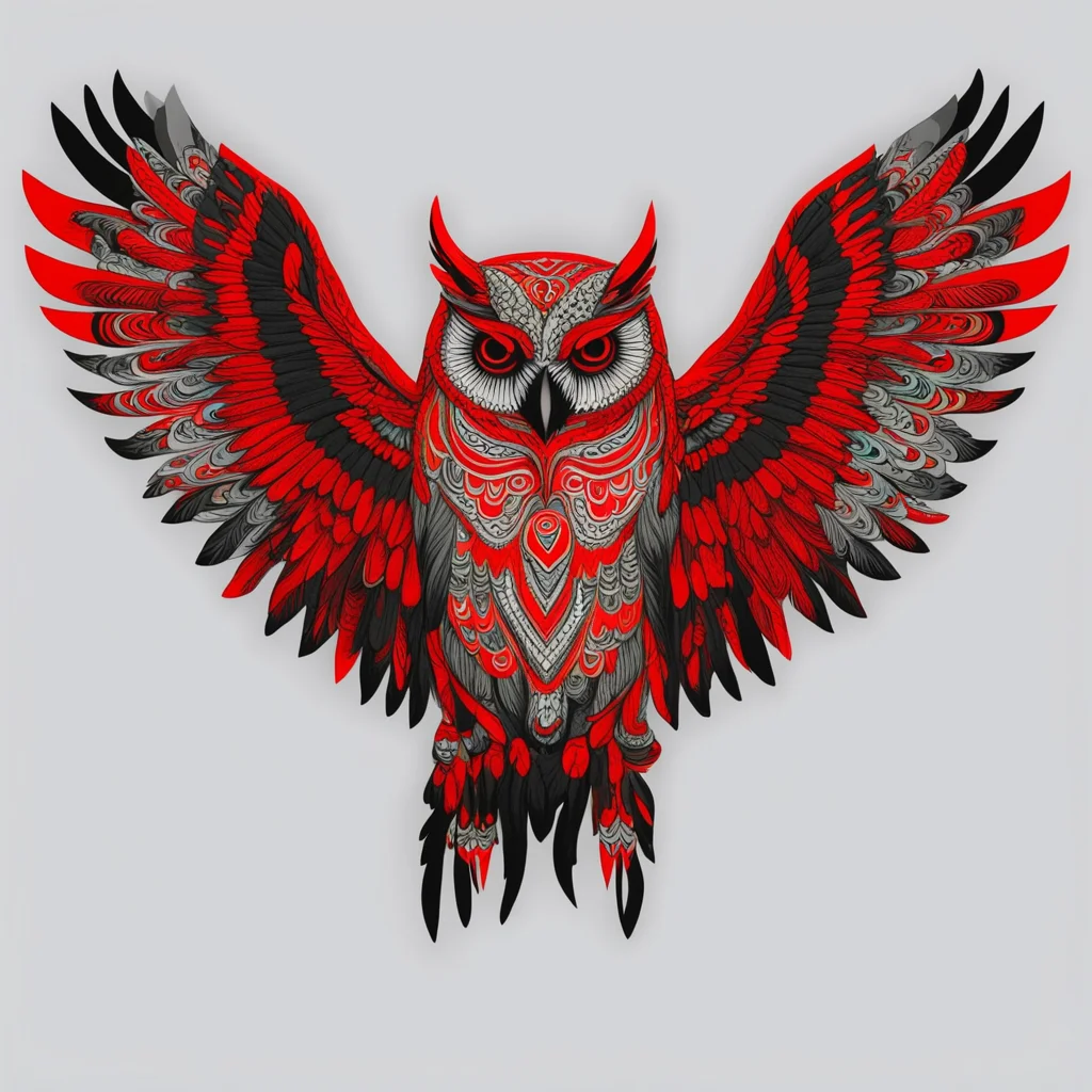 owl with outstretched wings in the style of pacific northwest Native American art red black intricate