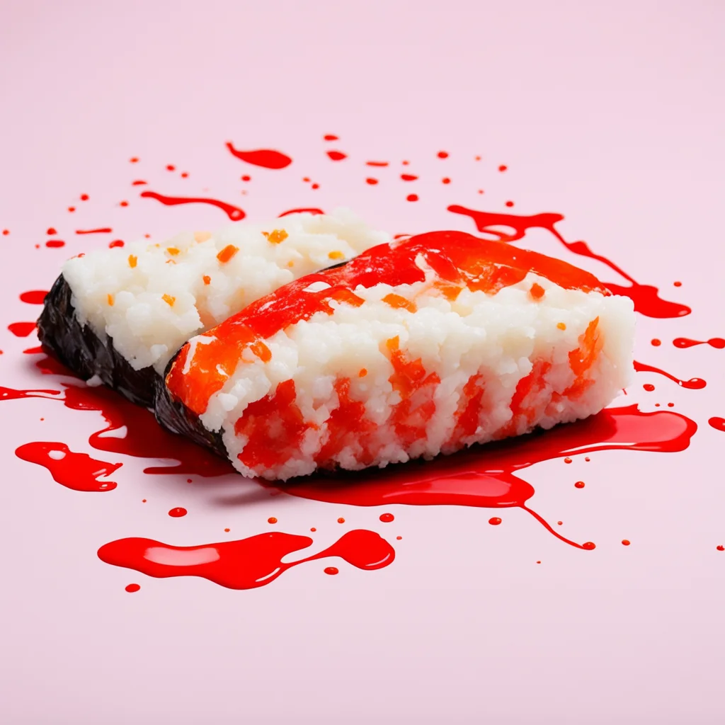 painted piece of sushi lying in a pool of red paint