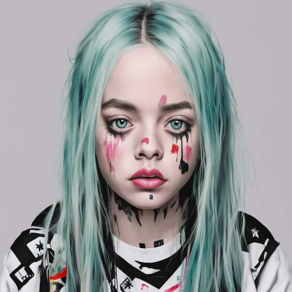 painted portrait of Billie eilish her face and skin made out of punk patches