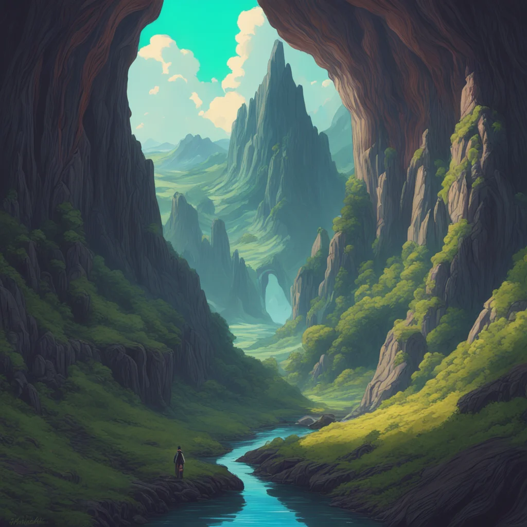 painting of a shaded mountain valley leading to a cave realistic a lovecraftian universe with sharp details ambient ligh