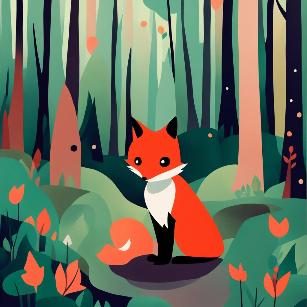 painting of a small sad fox in a sad forest done in the style of mary blair