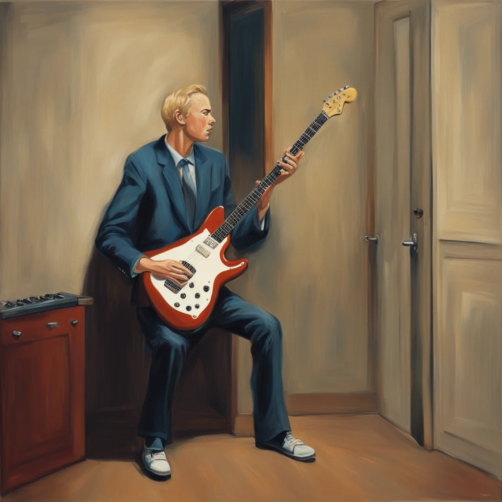 painting of a tall man with short blonde hair playing a fender jazzmaster in a small unlit room with the door open