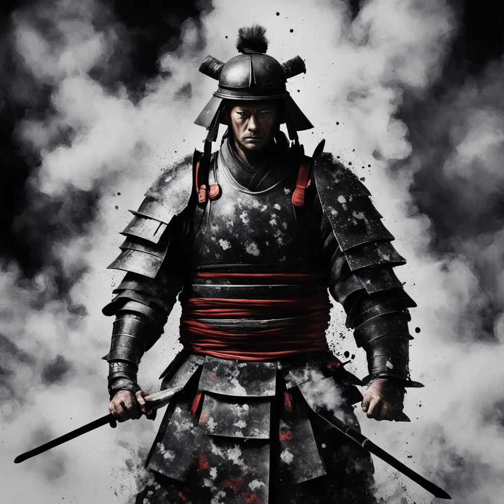 painting of an stoic samurai warrior in full armor with dark spatter and ghostly smoke emerging from his body ar 23