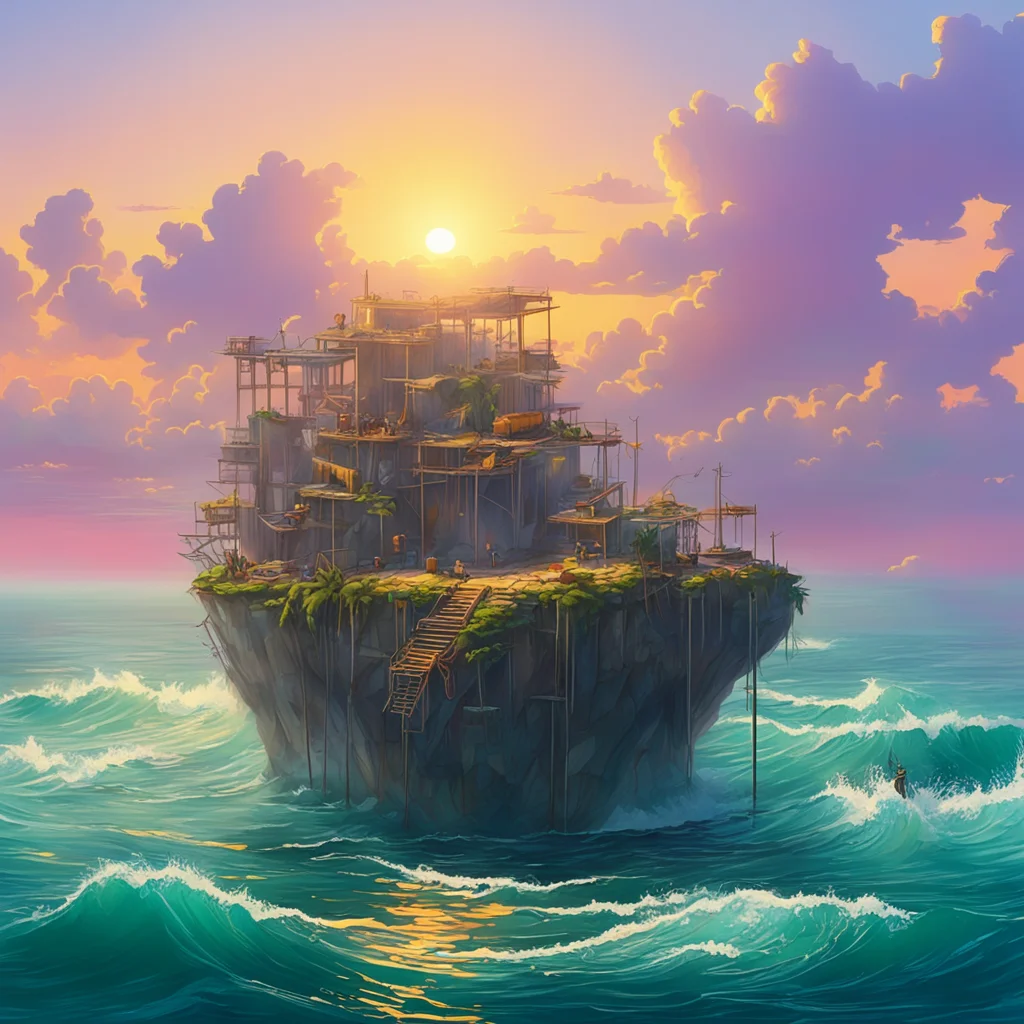 painting of contruction work on a floating island sunrise on ocean mist waves trending on artstation