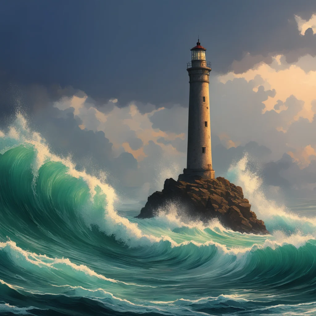 painting of waves crashing against tall rocks  lighthouse  dramatic lighting trending on Artstation craig mullins magica