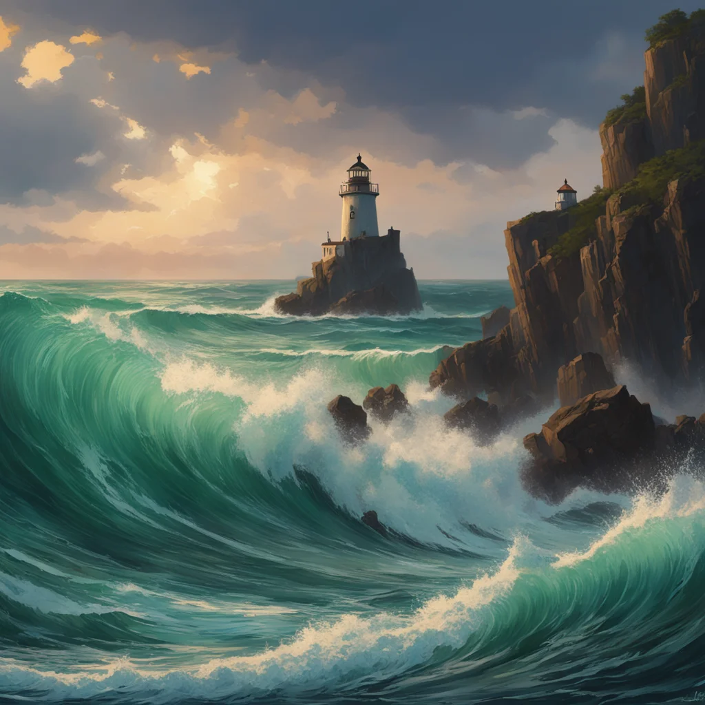 painting of waves crashing against tallrocks  lighthouse  dramatic lighting trending on Artstation craig mullins magical atmosphere by Renato muccillo a