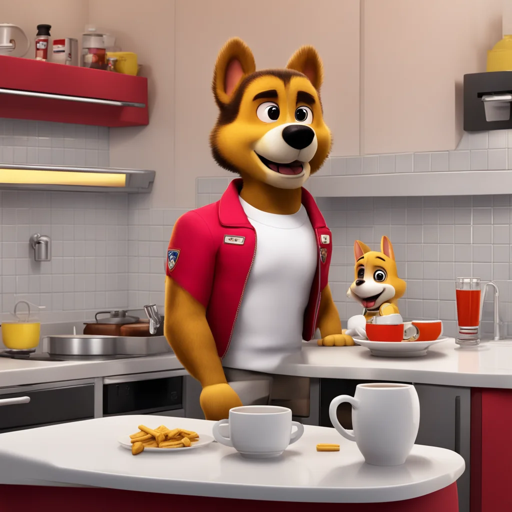 paw patrol pulp fiction quentin tarantino holds coffee in kitchen 😾