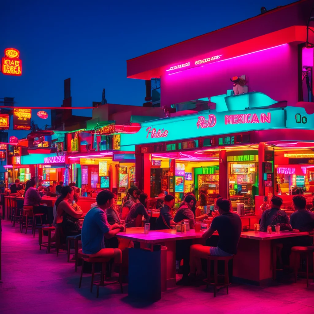 people at corner Mexican cafe sitting at red tables blue hour neon signs string lights cityscape cinematic 4k
