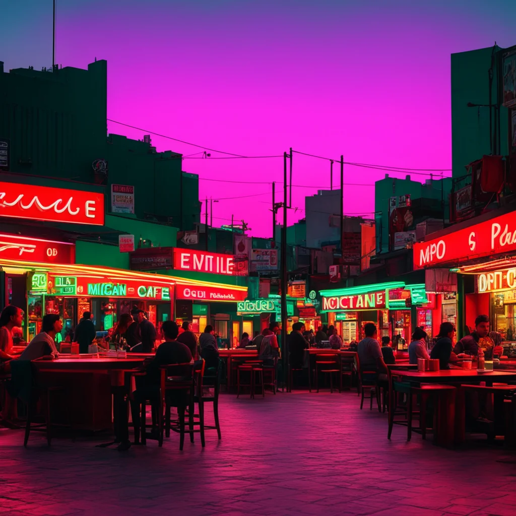 people at outside Mexican cafe sitting at red tables wide shot moody dusk sunset neon signs large buildings in backgroun