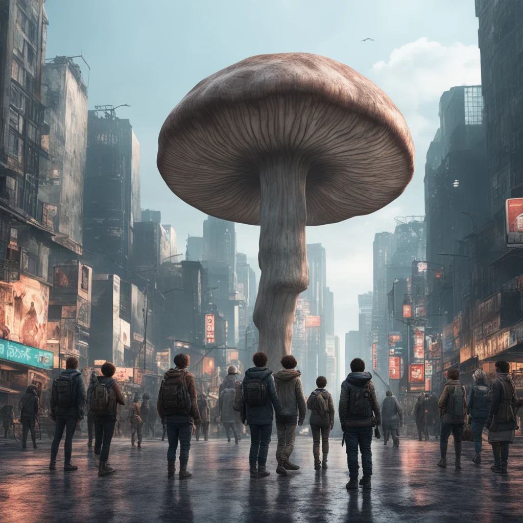 people on street looking up pointing giant mushroom city scene post apocalyptic cyberpunk realistic octane render 8K